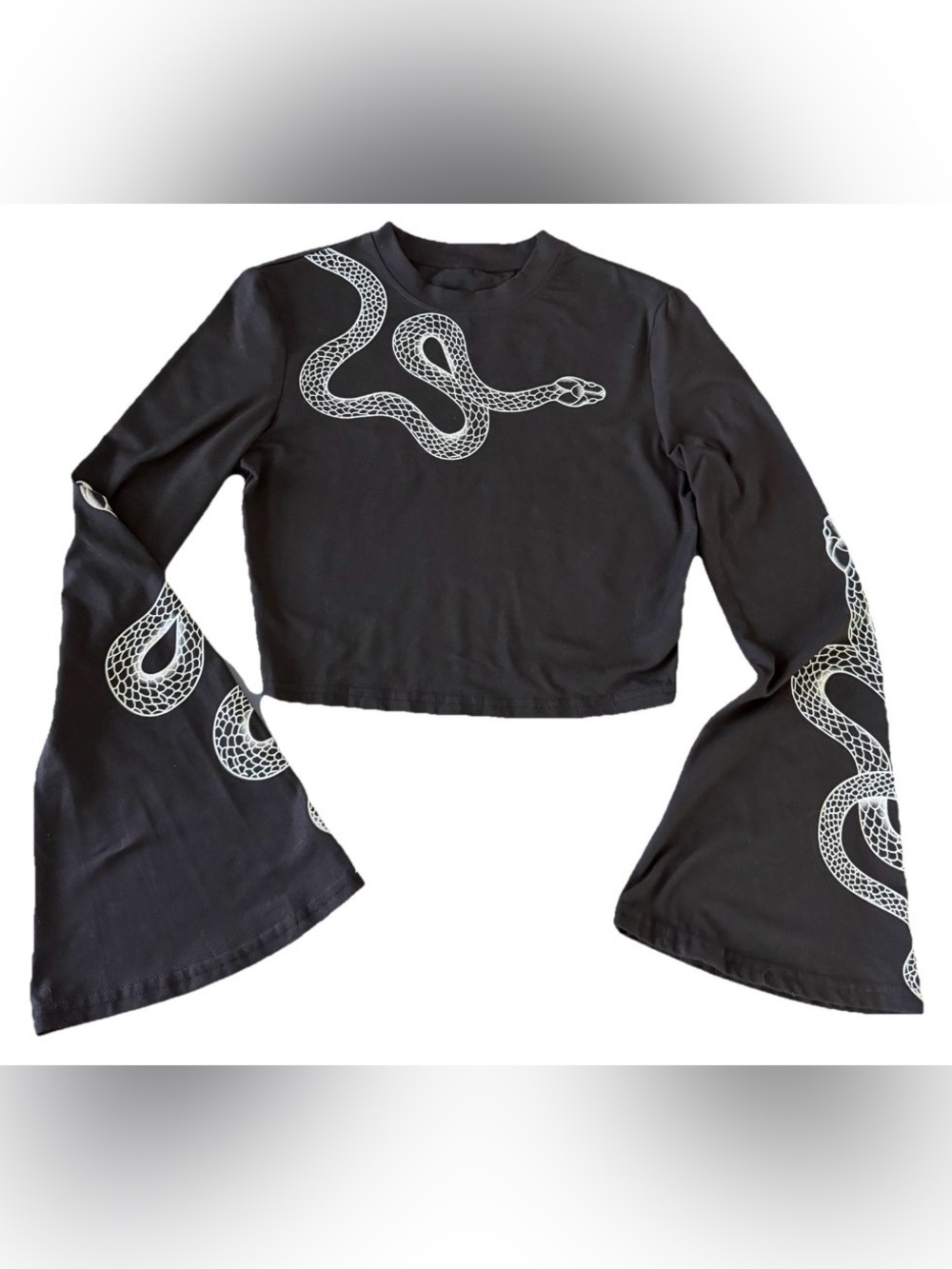 Black Snake Graphic Crop Long Bell Flare Sleeve Top